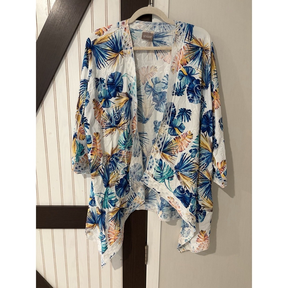 Chico's Tropical Palm Print Cardigan Hanky Hem Embroidery Rayon Size Large